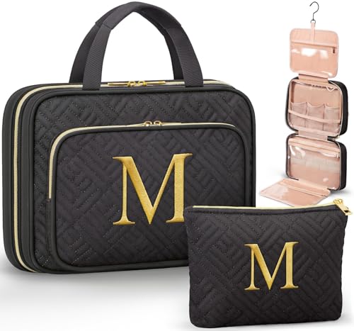Personalized Gifts for Women, Initial Toiletry Bag Hanging Travel Organizer & Makeup Cosmetic Bag with Embroidery Letter Teacher Appreciation Gift Birthday Mothers Day Gifts for Mom Wife Friend Sister - style: M