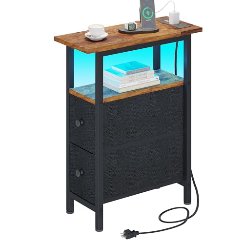 TRIFEBLE End Table with Charging Station, Narrow Side Table with 2 Fabric Drawers, Skinny Nightstand with LED Light, Slim Bedside Table for Bedroom, Living Room, Small Spaces, Rustic Brown and Black - color: Rustic Brown + Black