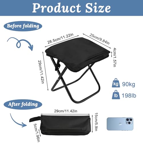 Collapsible Stool, 12Inch Portable Compact Folding Stool for Adult, Ultralight Foldable Chair Pocket Size Carry for Camping, Hiking, Fishing, Travel, Outdoors, Supports 198 Lbs