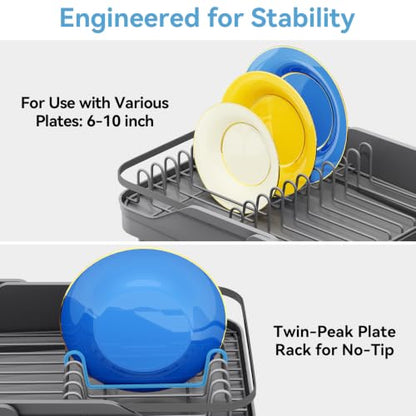Urackify Expandable Dish Rack for Kitchen Counter,16.14"-23.62" Large Dish Drying Rack with Adjustable Water Spout, Space Saving Dish Drainer with Auto Draining Cutlery Holder, Matte Grey - color: Matte Grey