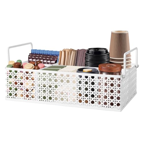 Metal Coffee Bar Organizer Countertop With Handles, Station Accessories, Pods Holder, and Tea Condiment Organizer - Mesh White - style: Mesh White -4 compartments