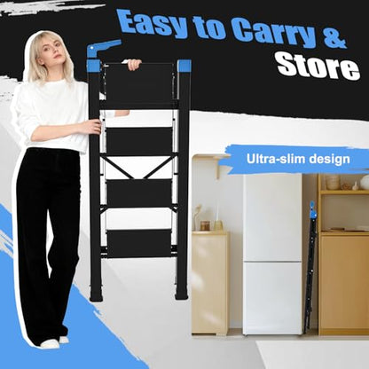 4 Step Ladder,Extendable Single-Handrail Lightweight Aluminum Step Ladder 4 Step Folding,600lbs Max Load Capacity for Household,Kitchen,Office (Blue) - color: Blue, size: 4 steps