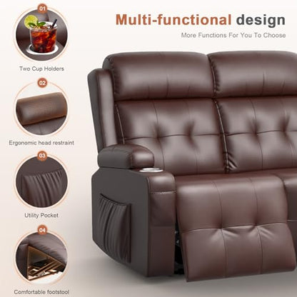 RV Loveseat Recliner Sofa, 3 Seat Wall Hugger Massage Reclining RV Couch with USB, Insert Pockets, Cup Holders, 150° RV Recliners Sleeper Sofa for RV Furniture & Home Theater Seating - color: Brown, size: 3 Seat-G1