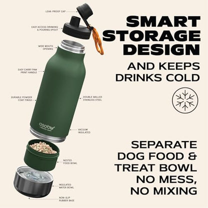 asobu Dog Barky Bottle – Insulated Stainless Steel Water Bottle with 2 Removable Dog Bowls for Food, Treats & Water – Pet-Friendly Travel Bottle for Hiking, Road Trips & Outdoor Adventures - color: Basil Green