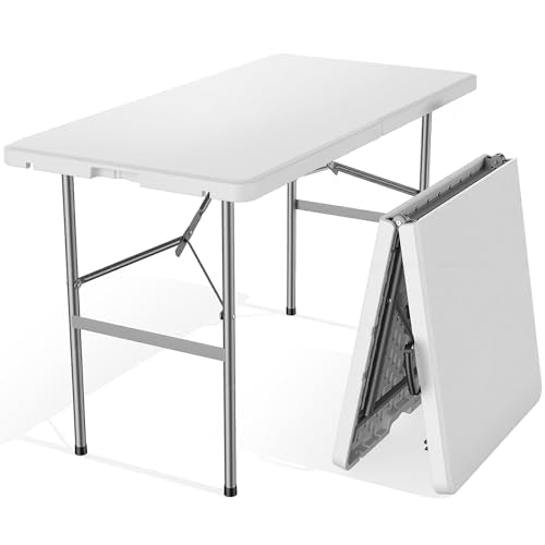 NEWBULIG 4 FT Foldable Table Easy to Fold and Store, Folding Picnic Table for Picnic Camping Kitchen Dining Party Outdoor Indoor with Carrying Handle, White - color: White, size: 4 FT