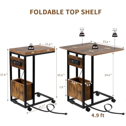 Hadulcet C Shaped End Table with Charging Station & Foldable Tabletop, Folding TV Tray Table with Storage, Laptop Table for Couch, C Table for Sofa, Living Room Bedroom Small Spaces, Rustic Brown