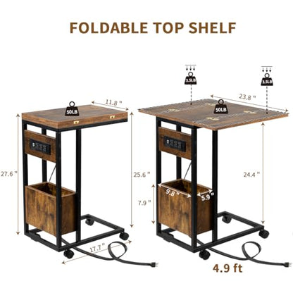 Hadulcet C Shaped End Table with Charging Station & Foldable Tabletop, Folding TV Tray Table with Storage, Laptop Table for Couch, C Table for Sofa, Living Room Bedroom Small Spaces, Rustic Brown