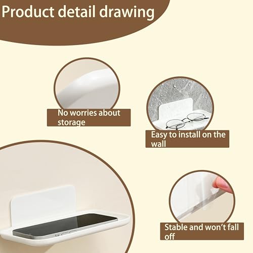 2 Pcs Small Shelf for Wall, Foldable Bedside Shelf & Small Wall Shelves No Drill Adhesive Folding Shelf, Stick-on Floating Wall Rack Organizer Tray for Bedroom Bathroom Kitchen Entryway, White