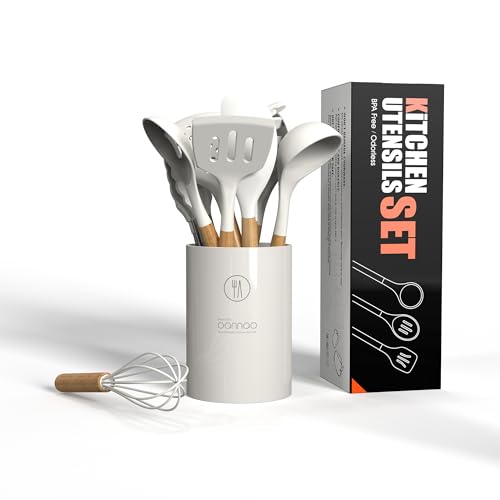 oannao Silicone Cooking Utensils Set - 446°F Heat Resistant Silicone Kitchen Utensils for Cooking,Kitchen Utensil Spatula Set w Wooden Handles and Holder for Non-Stick Cookware (Cream White) - color: Cream White