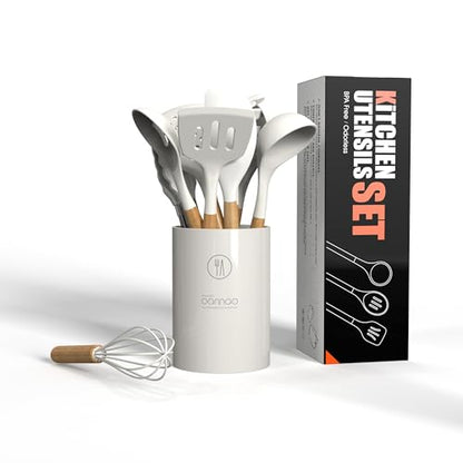 oannao Silicone Cooking Utensils Set - 446°F Heat Resistant Silicone Kitchen Utensils for Cooking,Kitchen Utensil Spatula Set w Wooden Handles and Holder for Non-Stick Cookware (Cream White) - color: Cream White