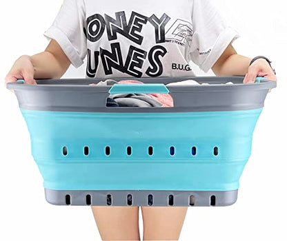 SAMMART 42L (11 gallon) Collapsible Plastic Laundry Basket - Foldable Pop Up Storage Container/Organizer - Space Saving Hamper/Basket (Grey/Crystal Blue) - color: Grey/Crystal Blue