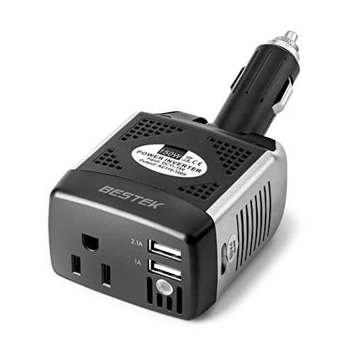 BESTEK 150W Power Inverter 12V to 110V Voltage Converter Car Charger Power Adapter with 3.1A Dual USB Charging Ports, Rotatable Plug & Safety Protection for Road Trip, Camping, Laptop - color: silver