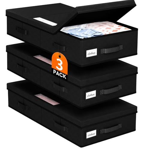 StoreHappily Under Bed Storage Containers with Lids - 3 Pack, Foldable and Stackable Clothes Storage Bags with Clear Window, 3-Sided Handles and Label Slot for Clothing, Blankets, Pillows (Black) - color: Black, size: 3 Pack