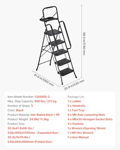 VEVOR 5 Step Ladder, Folding Step Stool with Wide Anti-Slip Pedal, Tool Tray, Dual Side Handrails, Portable Steel Ladder, Multi-Use for Kitchen, Home, Household and Office, Black - size: 20.9 x 41.9 x 68.5 in(Expanded)