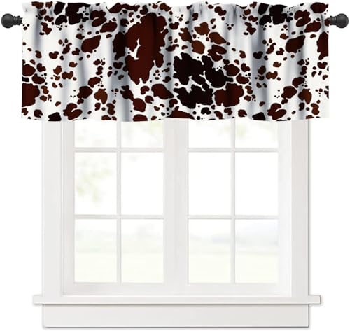 Cowhide Window Valance, Brown Black Milk Cow Skin Rustic Vintage Western Country Animal Camouflage Fur Print Blackout Valance Curtain for Kitchen Bedroom Living Room, 54x18inch - color: Cowhide-6