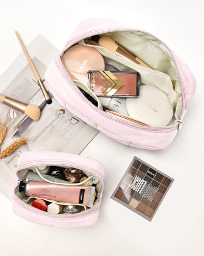 oscaurt 2 Pcs Makeup Bag Travel Toiletry Bag for Women Puffy Padded Cosmetic Pouch Purse Wide-open Makeup Organizer Case Travel Essentials - color: Pink-Set