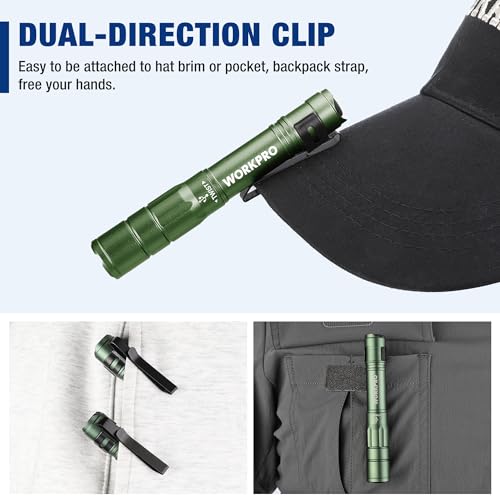 WORKPRO Rechargeable Pen Light, Mini Flashlight, 2 Pack Ultra-Compact EDC Flashlight, Pocket Flashlight with Clip, Memory Function and 2 x USB C Cable Included, Green - color: Green