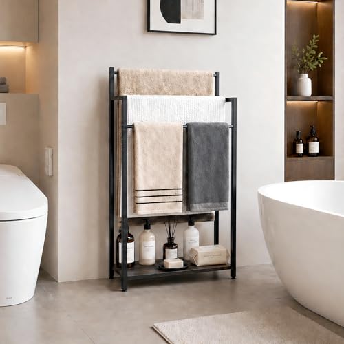Freestanding Towel Rack, 3 Tier Blanket Ladder Stand with Black Wooden Shelf for Bathroom Living Room (31.5" H x 16.9" W x7.9 D) - color: Black, size: 31.5"H x 16.9"W x7.9"D