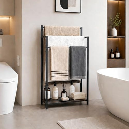 Freestanding Towel Rack, 3 Tier Blanket Ladder Stand with Black Wooden Shelf for Bathroom Living Room (31.5" H x 16.9" W x7.9 D) - color: Black, size: 31.5"H x 16.9"W x7.9"D