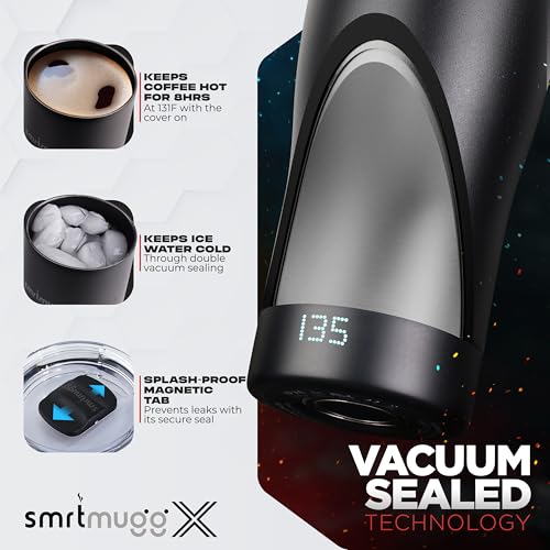 SmrtMugg X Heated Coffee Mug 19 oz., 8 Hour Battery Life, Self-Heating, Adjustable Temp Controlled, LCD Screen, One Button Temperature Adjustment, Includes Cover with Magnetic Slider (Black) (Black) - color: Black
