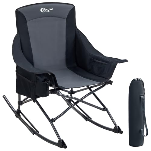 Portal Camping Rocking Chair Outdoors Folding Portable Rocker with Cup Holder Side Pocket Carry Bag, Support 350LBS, Black - color: 1 Pack-black-fabric