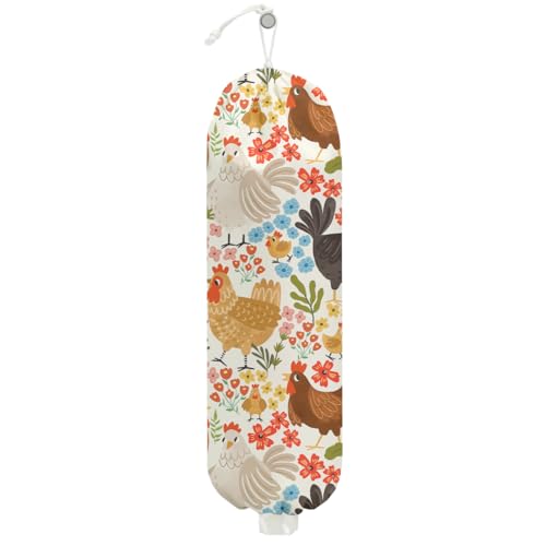 Chicken Plastic Bag Holder, Funny Chickens Grocery Bag Holder Plastic Storage bag, Pull Rope Free Adjustment, Floral Grocery Bags Storage Dispenser for Home Kitchen, Chicken Gifts for Women Mom - color: Floral Chicken