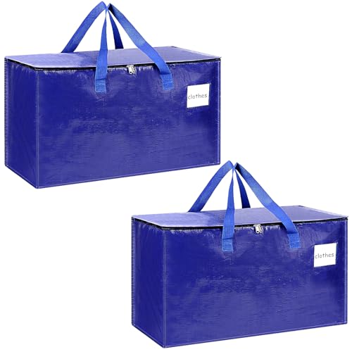 2-Pack Extra-Large Heavy-Duty Storage Totes with Reinforced Handles, Durable Zippers & Waterproof Material — Perfect for Space-Saving, Moving, Shipping and Travel (BlUE) - color: Blue, size: 2P