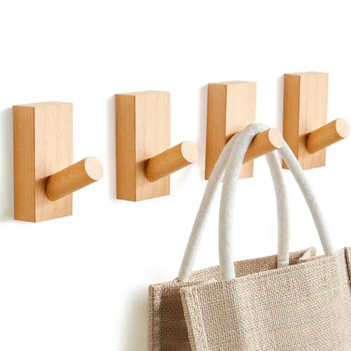 Felidio Natural Wooden Wall Hooks, Adhesive & Screw Mount Coat and Towel Hooks - Decorative Key Holder, Hat Rack, Stocking Wall Hangers for Bathroom Entryway Closet - 4 Pack, Beech Wood - color: Beech Wood