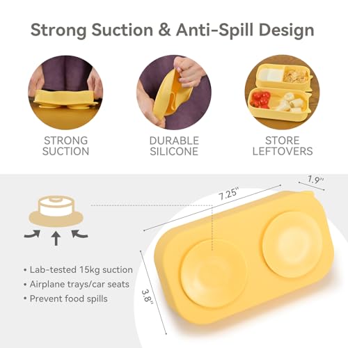 Baby Travel Essentials 6 Pc Feeding Set - Cute Cat Toddler Plates with Suction, 304 Stainless Steel Spoon & Fork, Foldable Silicone Bib in Travel Case - BPA-Free Airplane Travel Gear (Pale Yellow) - color: Pale Yellowe
