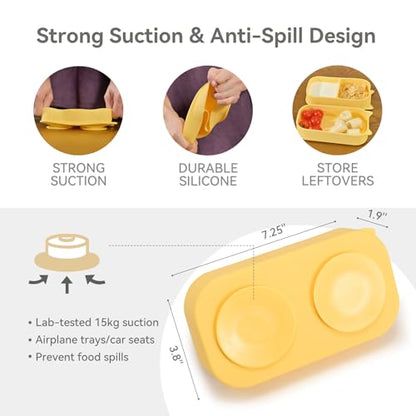 Baby Travel Essentials 6 Pc Feeding Set - Cute Cat Toddler Plates with Suction, 304 Stainless Steel Spoon & Fork, Foldable Silicone Bib in Travel Case - BPA-Free Airplane Travel Gear (Pale Yellow) - color: Pale Yellowe