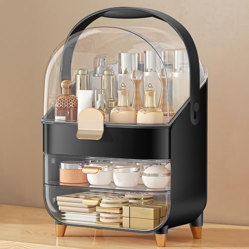 Anylady Makeup Organizer Countertop, Skincare Holder Bathroom Counter Organizer, Storage Box Cosmetic Display Cases, Teen Girl Gifts Make up Organizers for Vanity, Dresser - color: Black