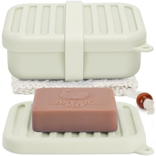 Superior Leak-Proof Silicone Bar Holder and Soap Case | Travel Container with Lid & Drain Tray | Includes Silicone Strap & Sisal Soap Bag | for Camping, Gym, and Travel Size Toiletries (Off-White) - color: Off-white