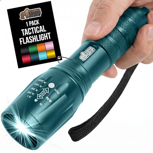 GORILLA GRIP Powerful LED Tactical Flashlight, 750 FT High Lumens 5 Adjustable Modes, Water Resistant, Ultra Bright Zoom Flashlights, Small Mini Flash Light, Camping, Night Dog Walking, Teal Blue - color: Teal Blue