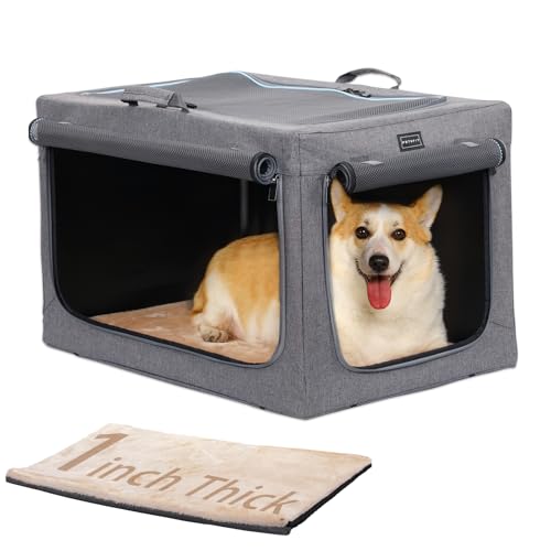 PETSFIT Portable Dog Crate for Medium Dogs, – 30" Soft Dog Travel Crates with Lockable Zippers & Thicken Mat, Adjustable Patented Spiral Steel Frame, Collapsible Kennel for Indoor & Outdoor - color: Grey(With Mat), size: 30.0"L x 20.0"W x 19.0"H