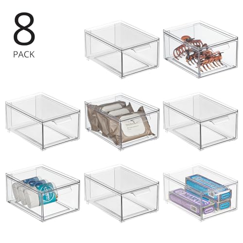 mDesign Plastic Bathroom Organizer Bin w/Pull Out Drawer - Slim Stackable Storage Container for Bathroom Accessories - Perfect for Organizing Bathroom Cabinet - Lumiere Collection - 8 Pack - Clear - size: 8 x 6 x 4 (Pack of 8)