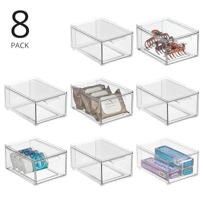 mDesign Plastic Bathroom Organizer Bin w/Pull Out Drawer - Slim Stackable Storage Container for Bathroom Accessories - Perfect for Organizing Bathroom Cabinet - Lumiere Collection - 8 Pack - Clear - size: 8 x 6 x 4 (Pack of 8)