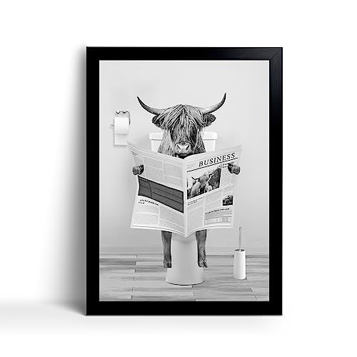 Funny Highland Cow Framed Wall Art in Bathtub,Black and White Canvas Cow Wall Art Prints Farmhouse Bathroom Decor,Humor Animals Bathroom Painting Canvas Rustic Style Artwork(8"x10", Framed) - color: Black and White Cow, size: 10"L x 8"W
