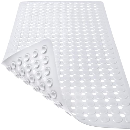 TEESHLY Bath Mat for Tub & Shower, Non Slip Soft Bathmat with Suction Cups & Drain Holes, Machine Washable Bathtub Floor Liner Mats for Bathroom, 35x16 Inch, White - color: White (Opaque)