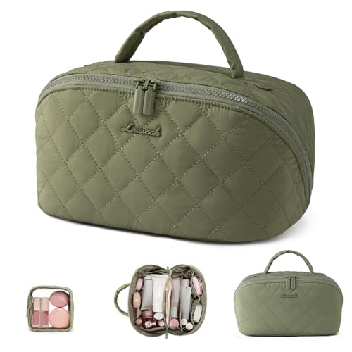 LOVEVOOK Travel Makeup Bag for Women, 2Pcs Puffer Waterproof Cosmetic Organizer, Large Capacity Pouch Open Flat Small Toiletry Bag with Brush Compartment & Handle (Green, Medium) - color: Green, size: Medium