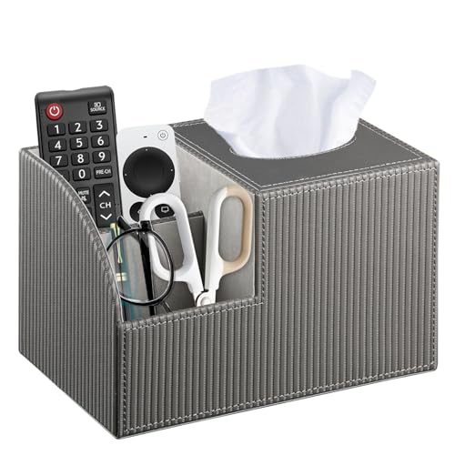 Square Tissue Box Cover with Storage, PU Leather Cube Tissue Box Holder, Remote Control Nightstand Organizer, Modern Desk Caddy for End Table, Bathroom, Bedroom, Home, Office Decor - color: Grey Rome