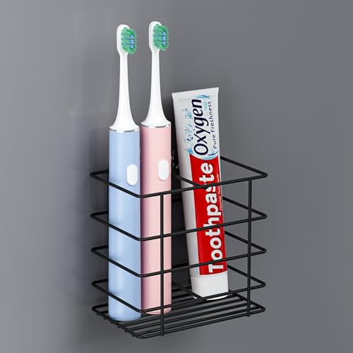 Open-Design Adhesive Shower Toothbrush Holder Wall Mounted with Drainage | Hanging Electric Tooth Brush Holder for Bathroom Wall Mirror, Metal Wall Toothpaste Storage Organizer for RV Camper, Black - color: Black, size: 2 Slots