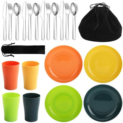 Evanda Camping Cutlery Set, Reusable Light Weight Mug, Plate and Stainless Steel Cutlery Set with Black Bag, Dishwasher Safe - color: 3.4 Person