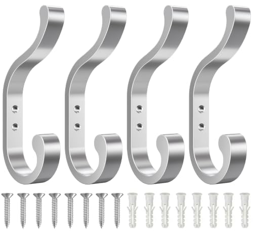 bussdis Coat Hooks Wall Mount for Hanging - Heavy Duty Backpack Hooks for Wall, Hold up to 30 lbs, Large Hanger Hooks for Towels, Purses, Clothes, Mudroom, Bathroom, Door, Silver, 4 Pack - color: Silver, size: 4 Pack