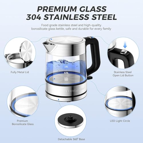 LUUKMONDE Electric Kettle, 1L 1500W, Small Glass Tea Kettle, Hot Water Boiler with LED Indicator, Cordless Water Heater Kettle, BPA-Free, Fast Boiling, Auto Shut-Off, Boil-Dry Protection