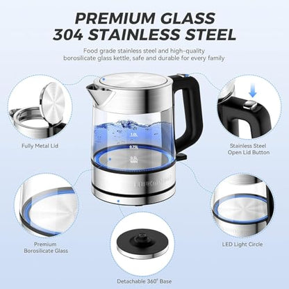 LUUKMONDE Electric Kettle, 1L 1500W, Small Glass Tea Kettle, Hot Water Boiler with LED Indicator, Cordless Water Heater Kettle, BPA-Free, Fast Boiling, Auto Shut-Off, Boil-Dry Protection