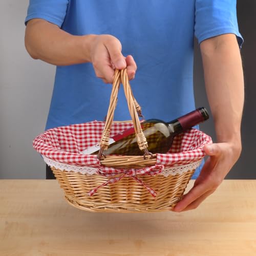 GNIEMCKIN 2 Pack 12.6 Inch Wicker Basket with Handle, Wicker Picnic Baskets with Checkered Liner, Oval Willow Woven Basket for Fruit, Wine, Wedding, Picnic - size: 2 Pack 12.6 Inch