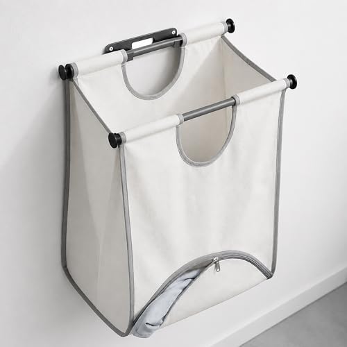 STORAGE MANIAC Wall Mount Laundry Hamper, 90L Hanging Laundry Bag with Bottom Zipper Opening, Space-Saving Dirty Clothes Hamper with Mounting Hardware for College, Dorm, RV, White