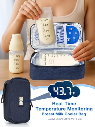 SUNMON Breast Milk Cooler Bag with Real-Time Temperature Display, Portable Travel Breastmilk Storage Case, Includes 2 Reusable Ice Packs, for Pumping Moms on The Go (Navy Blue) - color: Navy Blue
