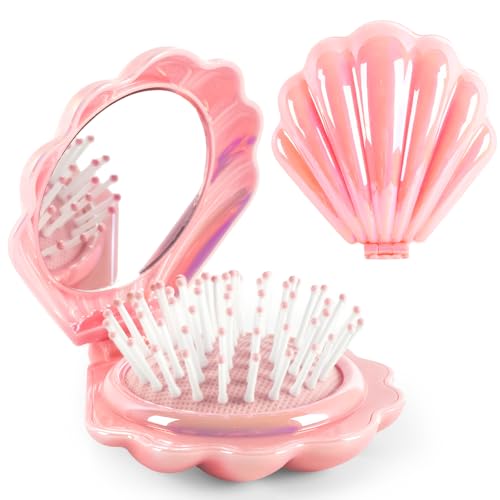 Metallic Shinning Finish Foldable Travel Hair Brushes with Mirror Shell Shape Portable Folding Pocket Hairbrush Mini Hair Comb Purse Compact Size Hair Massager (Pink) - color: Style B-Pink