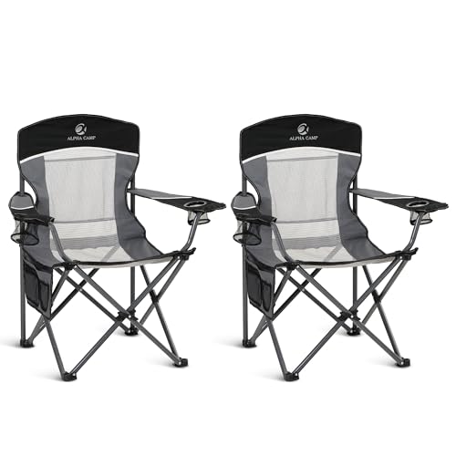 ALPHA CAMP Heavy Duty Camping Chair 500LBS Capacity, Oversized Folding Chair for Heavy People, Padded Portable Outdoor Chair with Cooler Bag & Cup Holder for Camping, Fishing, Beach - color: Black&grey, size: 2PC